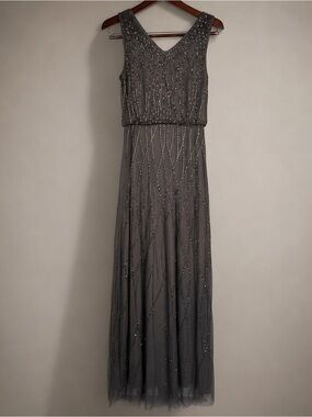 Candela Pewter Gray Beaded Mesh Maxi Gown Art Deco Formal Dress 0